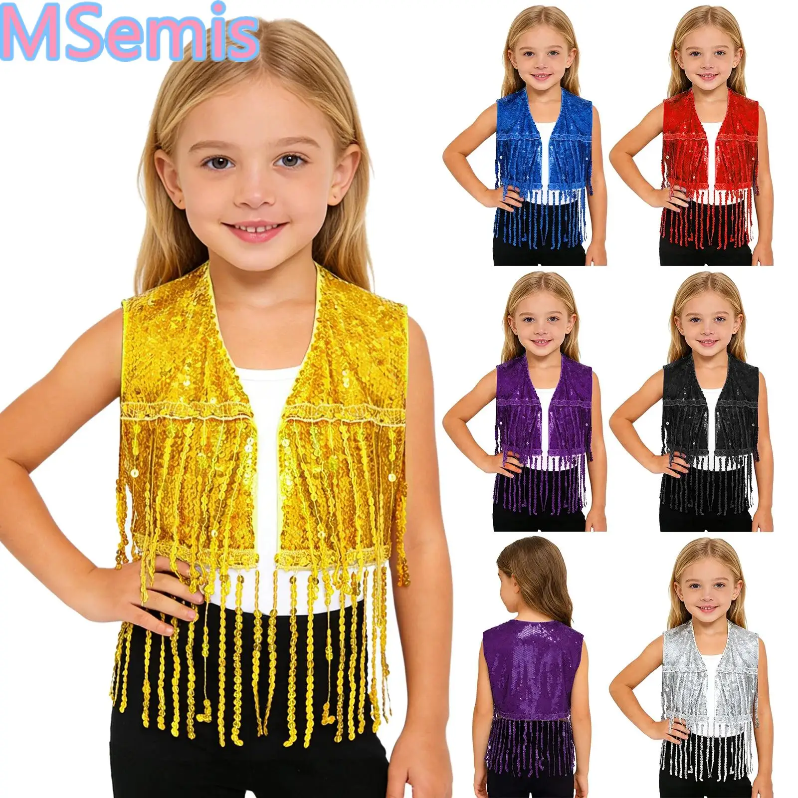 

Kids Girls Shiny Sequins Dance Vest Sleeveless Open Front Fringed Tassel Crop Top Waistcoat for Jazz Performance Competition