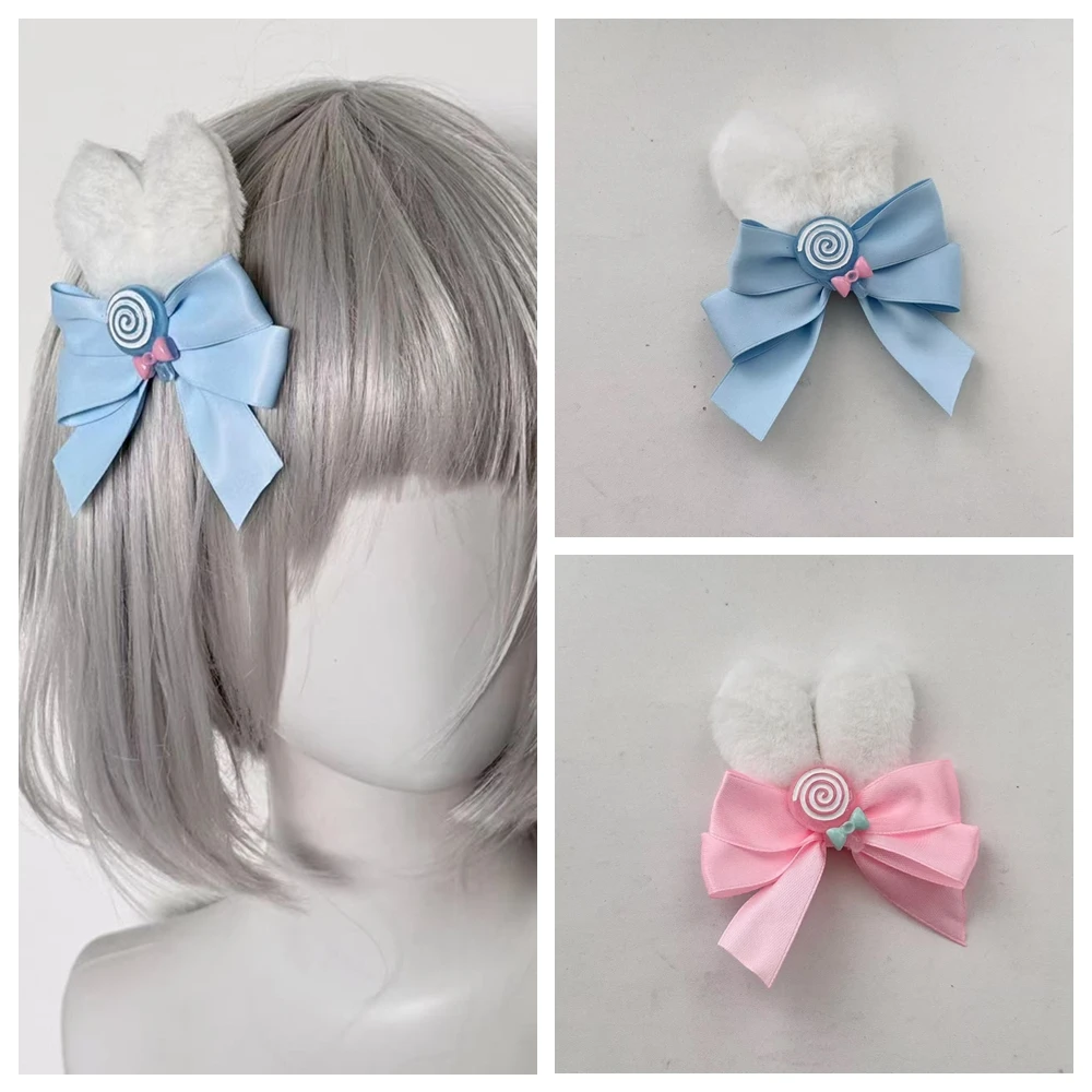 

1 Pair Handmade Sweet Girl Blue/Pink Lollipop Rabbit Ear Hair Clip Lolita Bow Side Clip Sweet Girl Cute Hair Accessories