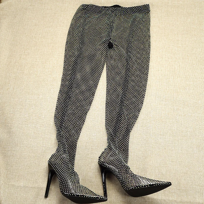 Large Size Black Sexy Rhinestone Hollow Mesh Jumpsuit Boots Women Thin High Heels Thigh High Boots Woman One-Piece Stretch Boots