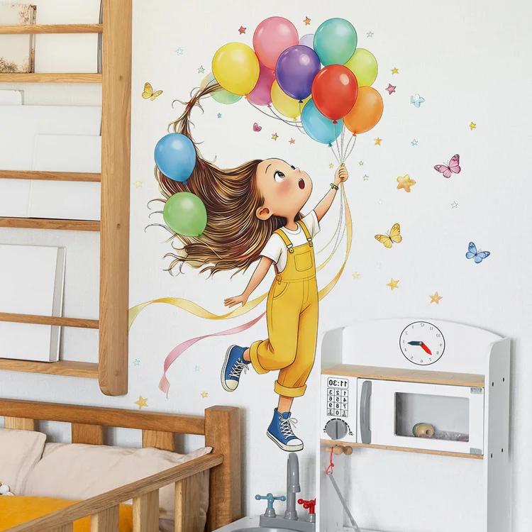 Cartoon Kleines Mädchen Ballon Schmetterling Wandaufkleber Kinderzimmer Hintergrund Deko Wandbild Schlafzimmer Tür Dekoration Selbstklebende Aufkleber – Detail 4