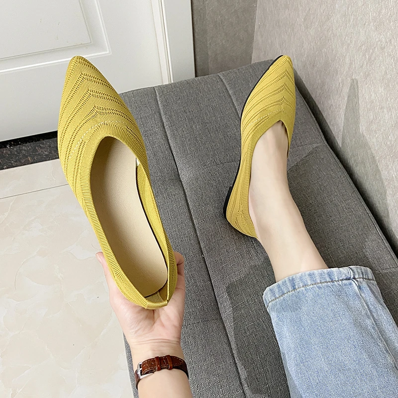 Women\'s Pointed Toe Flat Shoes Solid Color Knitted Slip on Shoes Casual Breathable Ballet Flats Women Flat Shoes Loafers Women