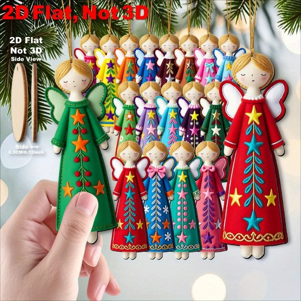 18Pcs Boho Christmas Angel Wooden Wall Hanging Decor, 2D Flat Cutouts Ornaments, Star Heart Tree Door Mantel New Year Party