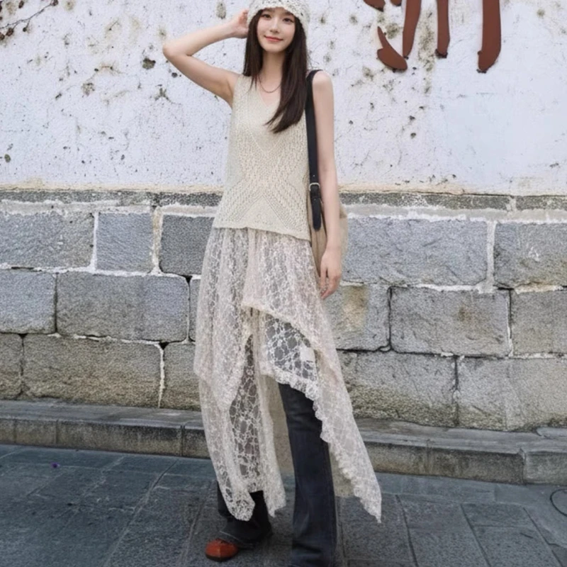 Pastoral Ethnic Style Lace Mesh Half Skirt Layered Elastic High Waist Vintage Casual Asymmetrical Midi Skirt for Young Women