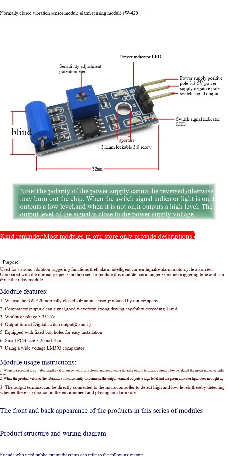 Normalerweise geschlossenes Vibrationssensormodul, Alarminduktionsmodul, Vibrationsschalter SW-420 – Detail 3