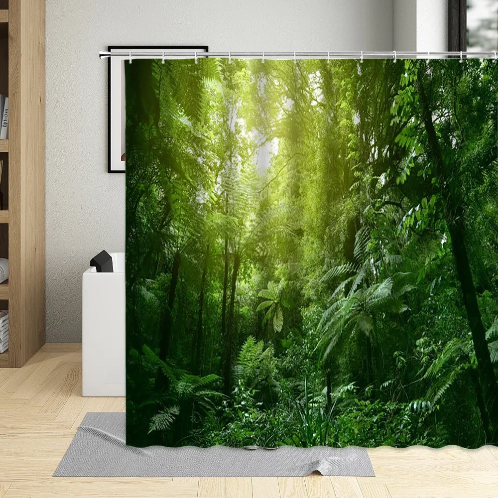 Rainforest Shrub Landscape Shower Curtain Tropical Spring Green Nature Scenery Bathroom Decor Waterproof Curtains With 12 Hooks