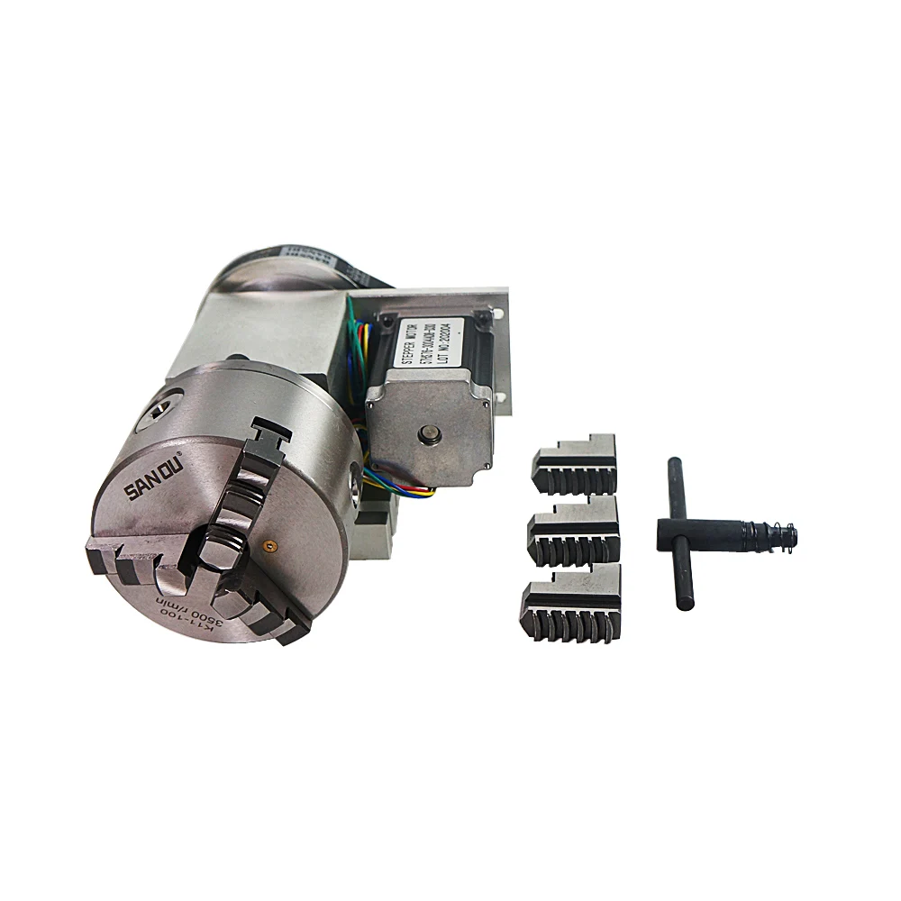 เครื่องซีเอ็นซีแกน4th แกนหมุน100มม. พร้อมหัวจับสำหรับเราเตอร์ CNC เครื่องเจาะแกนหมุนเพลากลวง K5M-6-100มม. 3Jaw ตัวจับ4