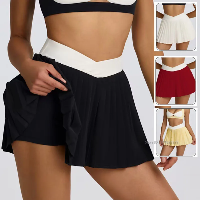 Women New Tennis Skirt with Shorts High Waist Cross Running Skirts Ladies Contrast Color Sports Culottes Workout Yoga Bottoms