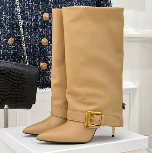 

Women Apricot Black Soft Leather Pointed Toe Gold Metal Belt Buckle Fold Over Knee High Boots Female Thin Heels Long Pants Boots