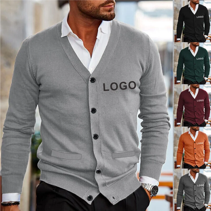 

New Autumn Winter Men Casual V-Neck Cardigan Sweaters Solid Knit Coat Long Sleeve Business Jerseys Custom Logo Print Embroidery
