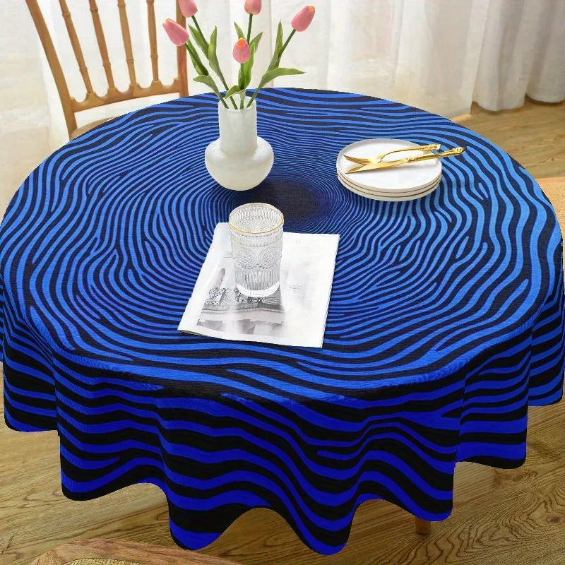One black and blue geometric circular tablecloth, polyester fiber tablecloth.