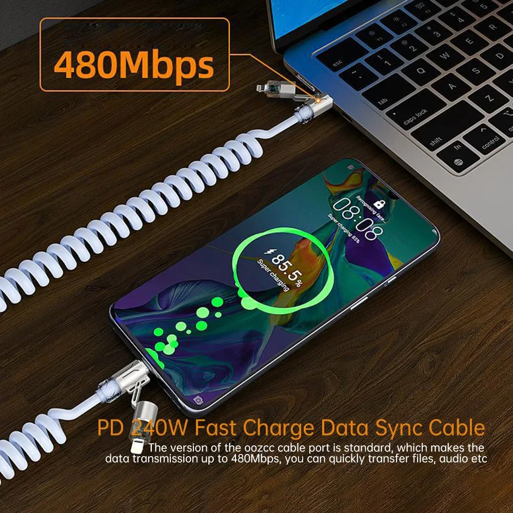 4 in 1 RGB Spring USB C Cable 240W PD 18M Fast Charger Line Desk RGB Atmosphere Lighting Sync Power