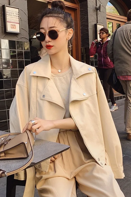 2024 Ladies New Belt Leather Lapel Short Straight Zipper Leather Jacket
