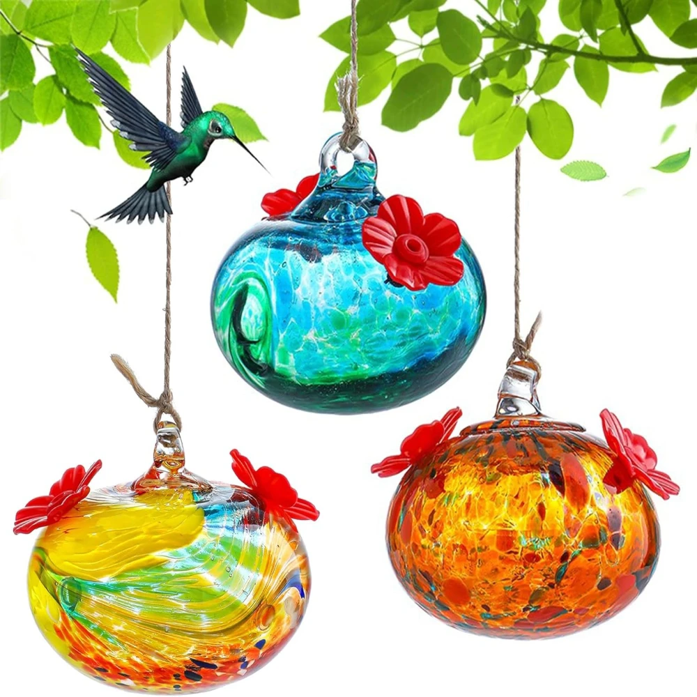 Small Blown Glass Hummingbird Feeders for Outdoors Hanging with 2 Flower Feeding Ports 3inch Glass Humming Bird Feeders