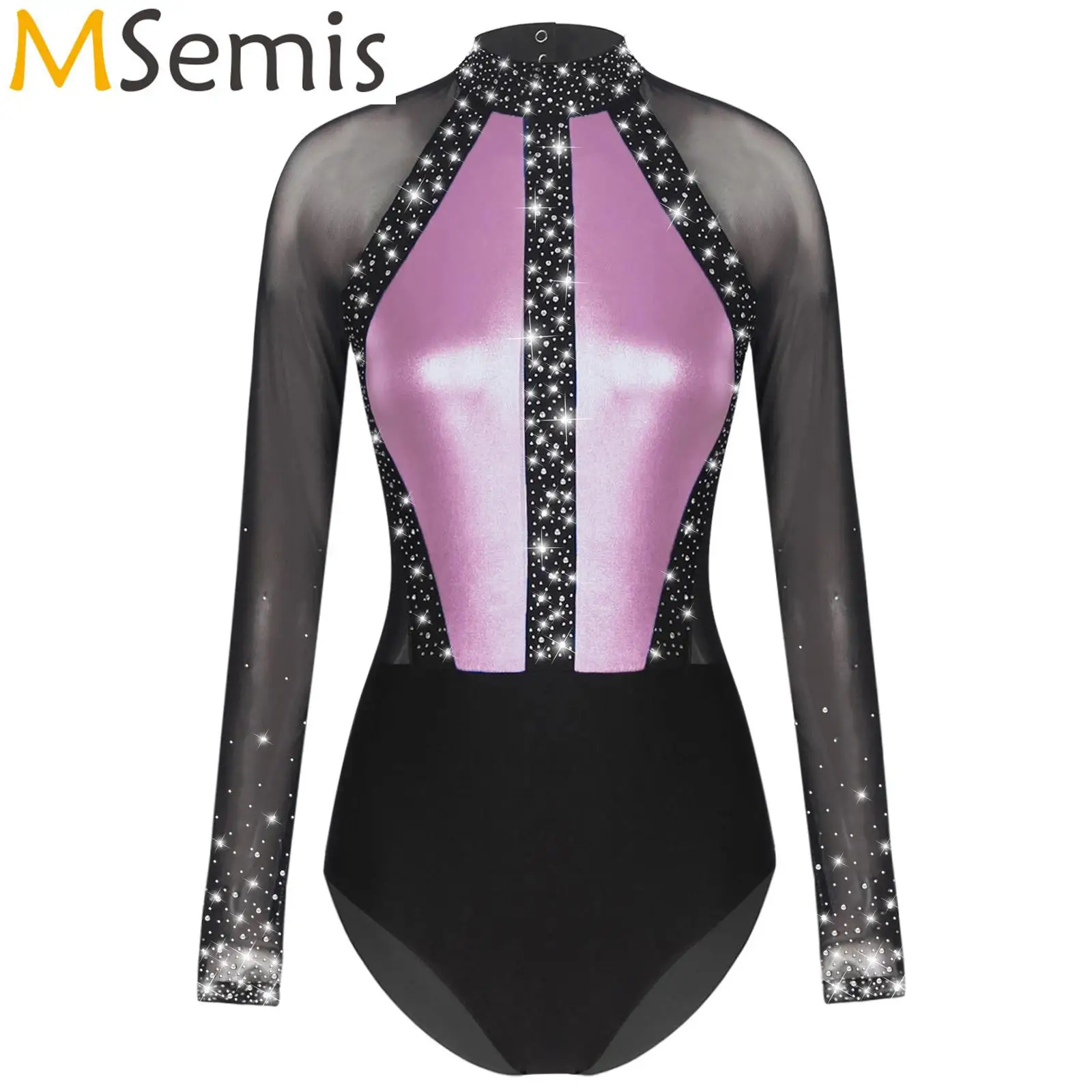 Womens Sparkling Rhinestones Gymnastics Figure Skating Ballet Jersey Dance Costume Keyhole Back Sheer Mesh Long Sleeve Bodysuit