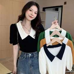 MEXZT Vintage Knitted Pullover T Shirt Women Sweet Patchwork Puff Short Sleeve Tops Office Elegant Peter Pan Collar Slim Tees