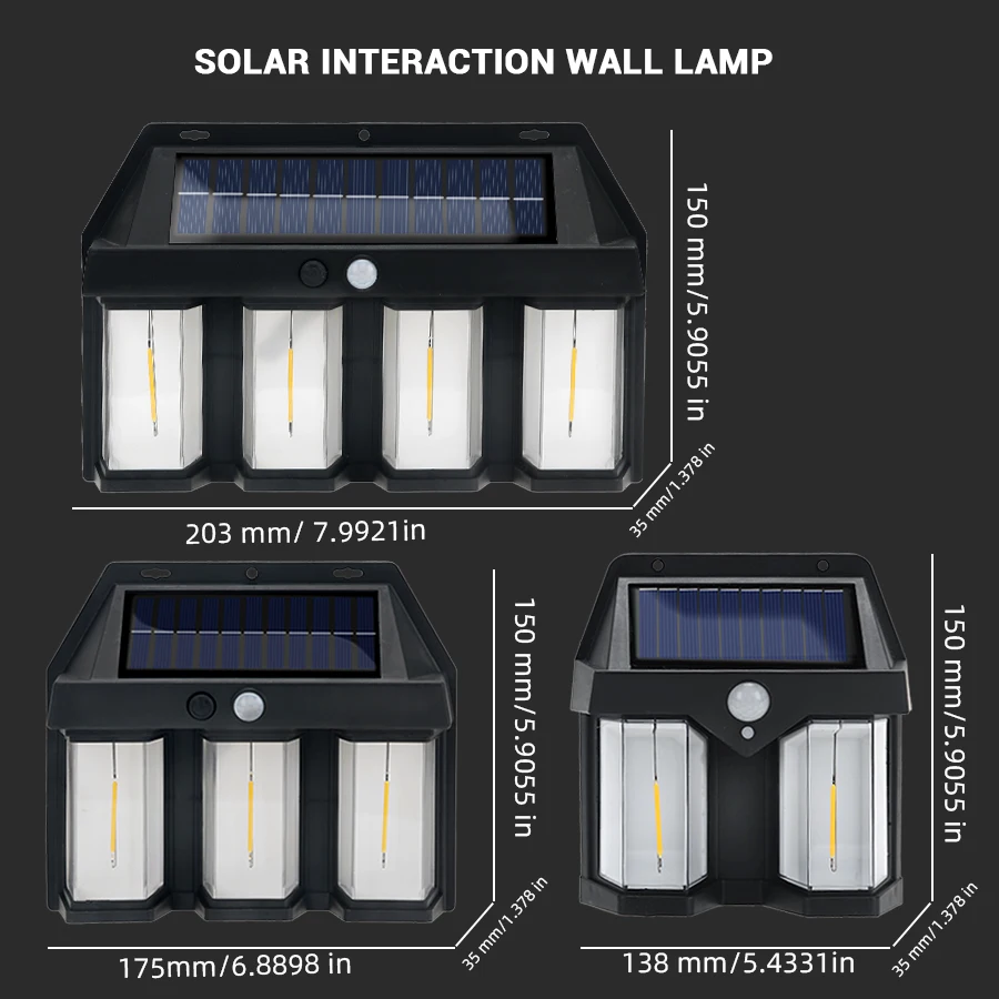 Applique murale solaire LED en tungstène, détecteur de mouvement, lanterne étanche, extérieur, maison, jardin, cour, rue, garage, 3 ampoules