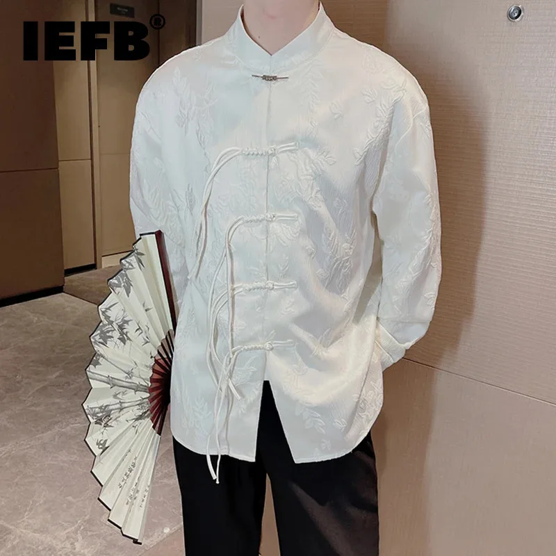 

IEFB New Chinese Style Shirts Stand Collar Knot Button Single Breasted Long Sleeve Printing Casual Loose Autumn Fashion 9C5349