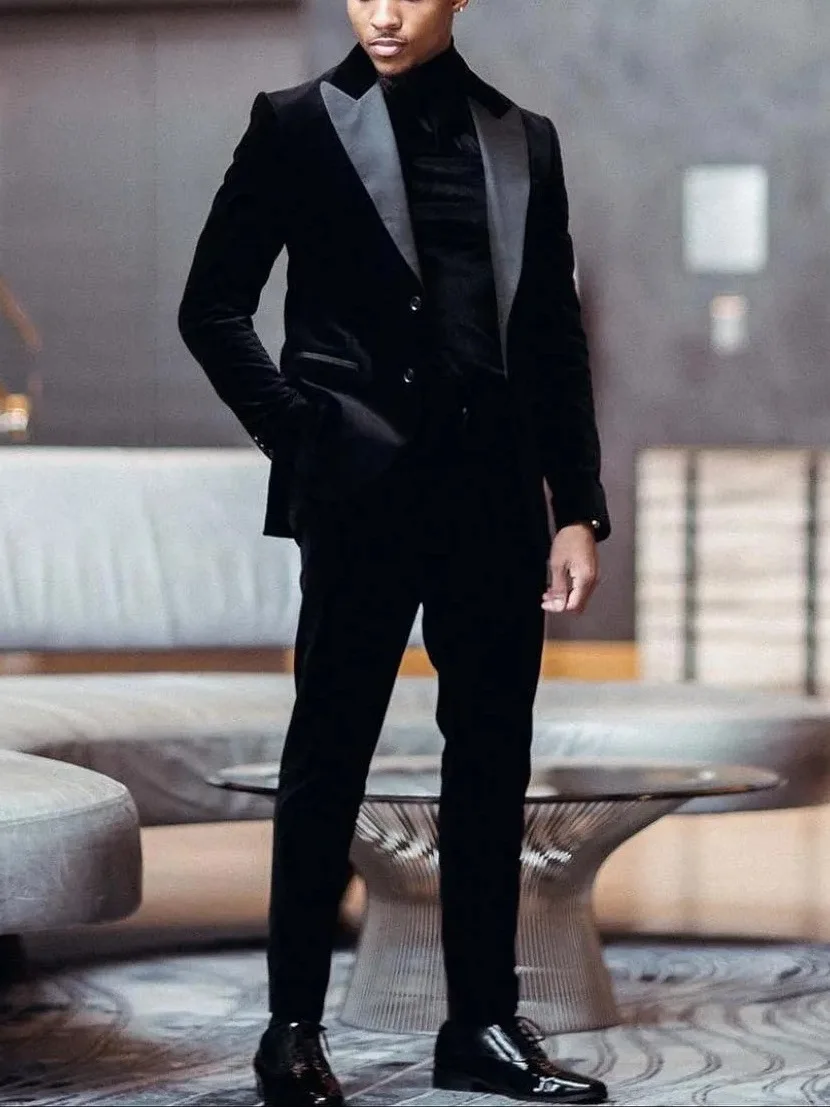 

Black Velvet Men's Slim-Fit Formal Suit with Satin Trim - Business Two-Piece Tuxedo Blazer & Pants Set,Daily Casual Suits