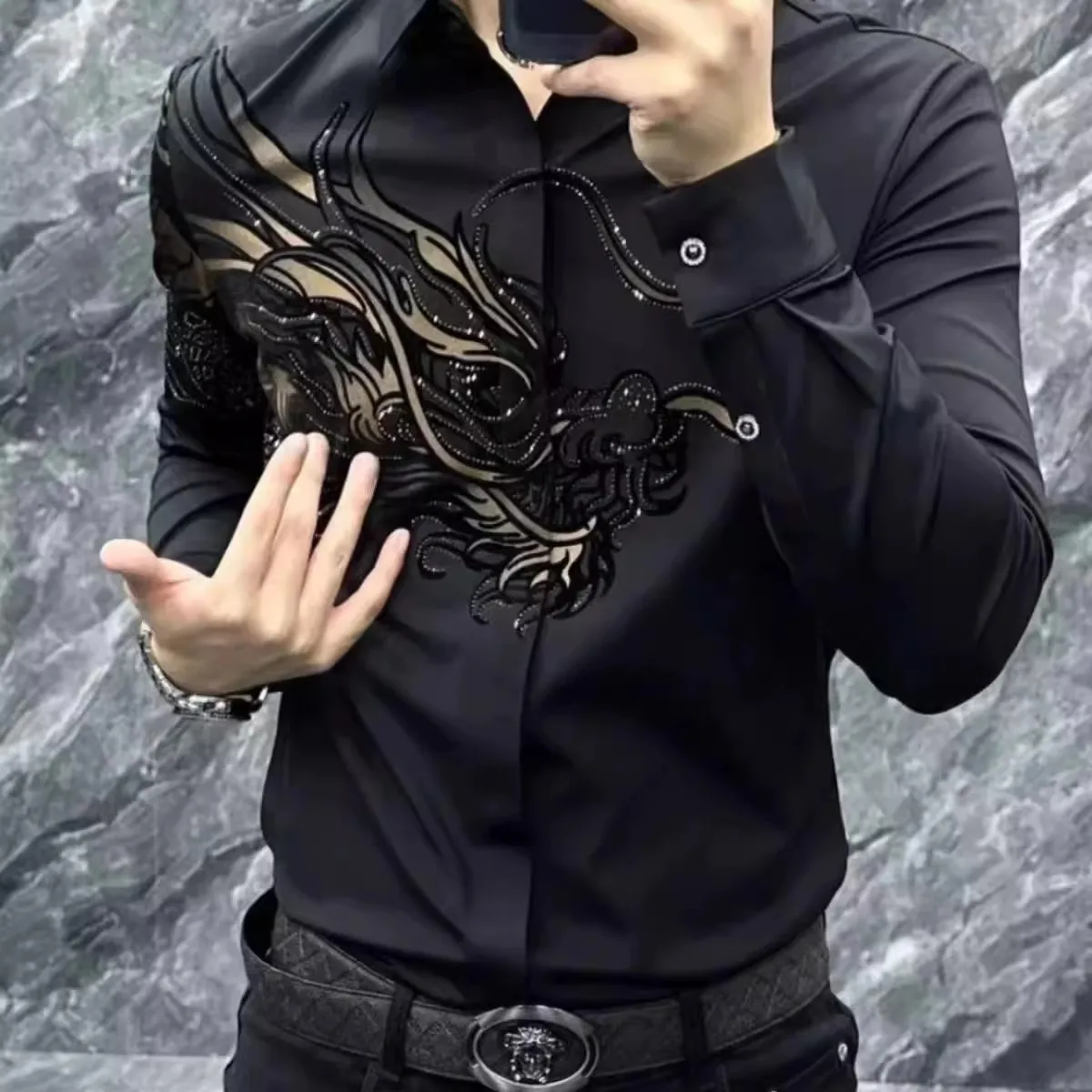 New Autumn Men's Fashion Turn-down Collar Long Sleeve Printing Stretch Slim Fit Rhinestone Shirt Business Casual Korean Trend