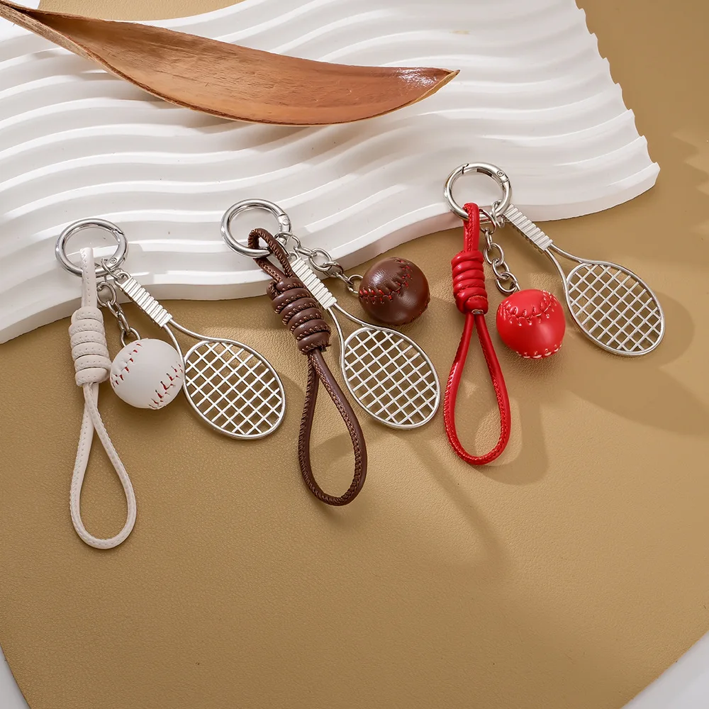 Keychain Charm Mini Alloy Tennis Racket Sports Style Bag Pendant Creative Handmade Woven Leather Rope for Keys Backpack Gift