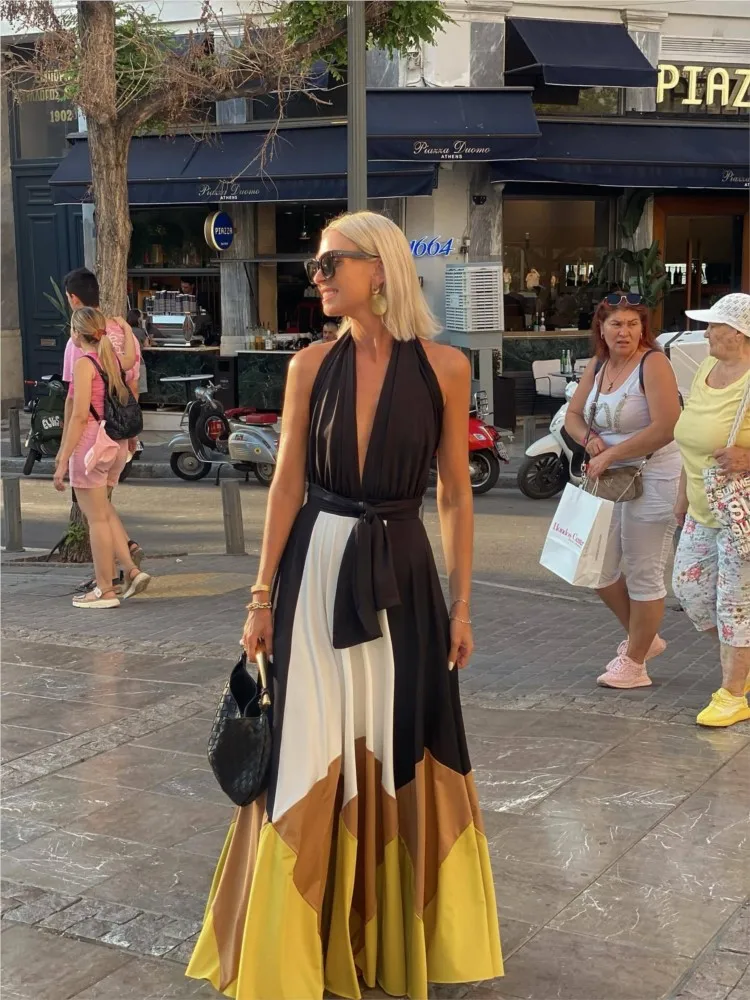 

Summer Fashion Sexy Lace-up Pleated Maxi Dresses Printed Patchwork Backless Hollow Out Women's Dress Boho Holiday Party Dress