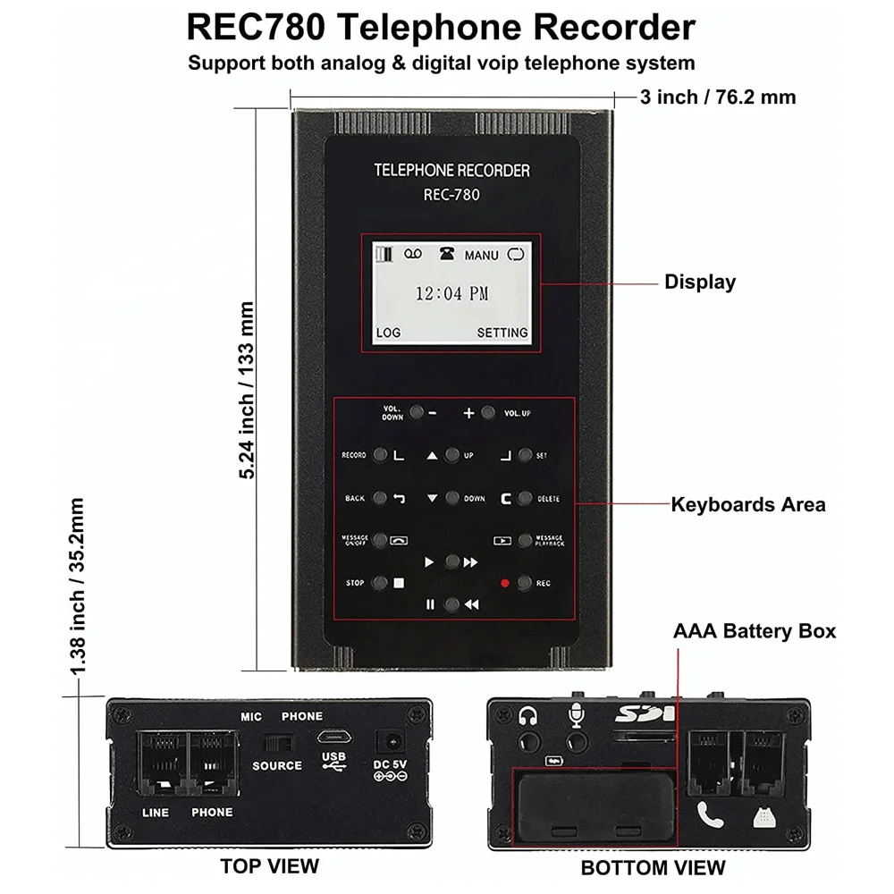 Support SD Card Automatic Recording Portable Landline Phone Call Recorder Digital Fixed Telephone Recording Box LCD Display