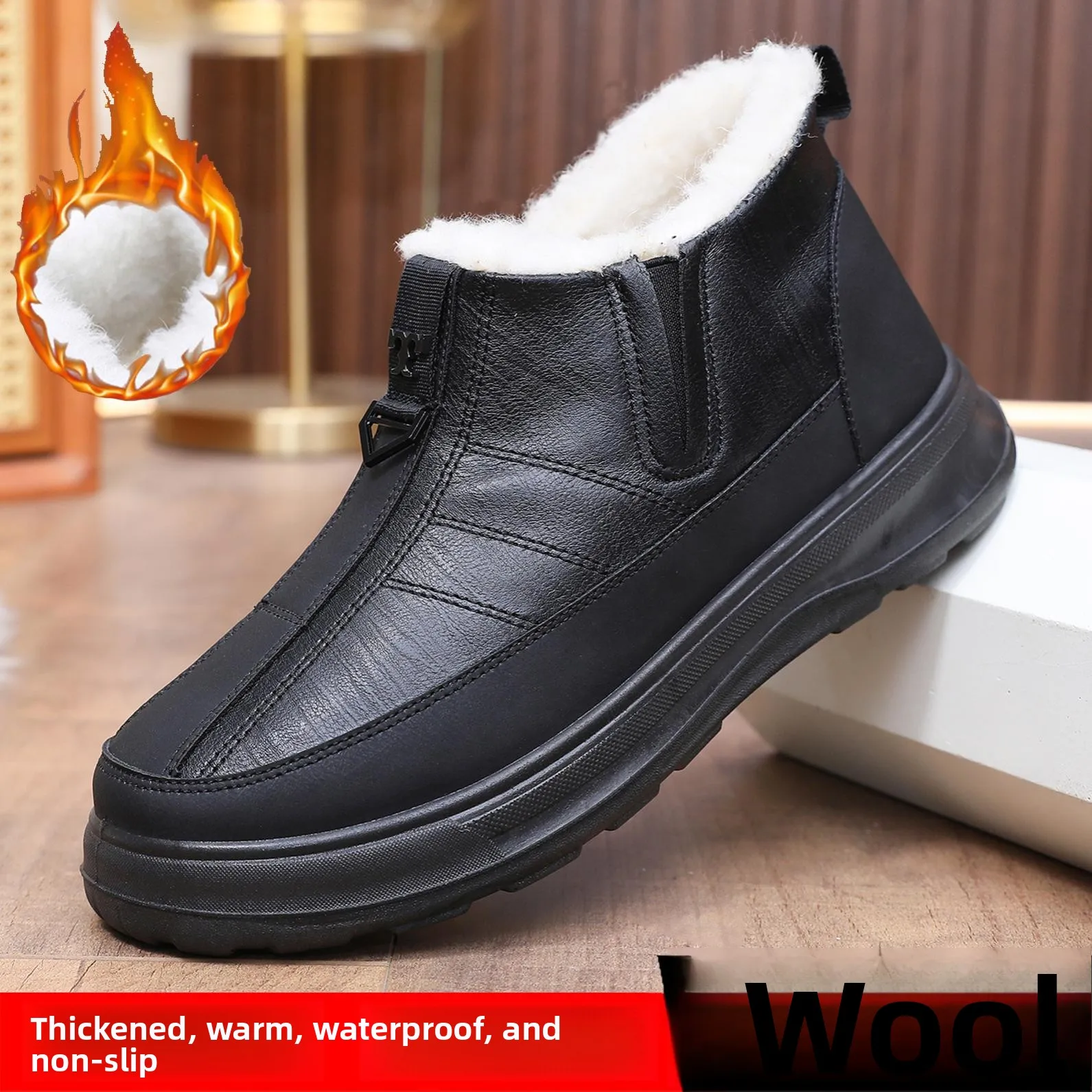 

Winter Men's Cotton Shoes Waterproof Anti-slip Woolen Warm Thickened Snow Boots Yangjing Casual Style round Toe Dad Shoes