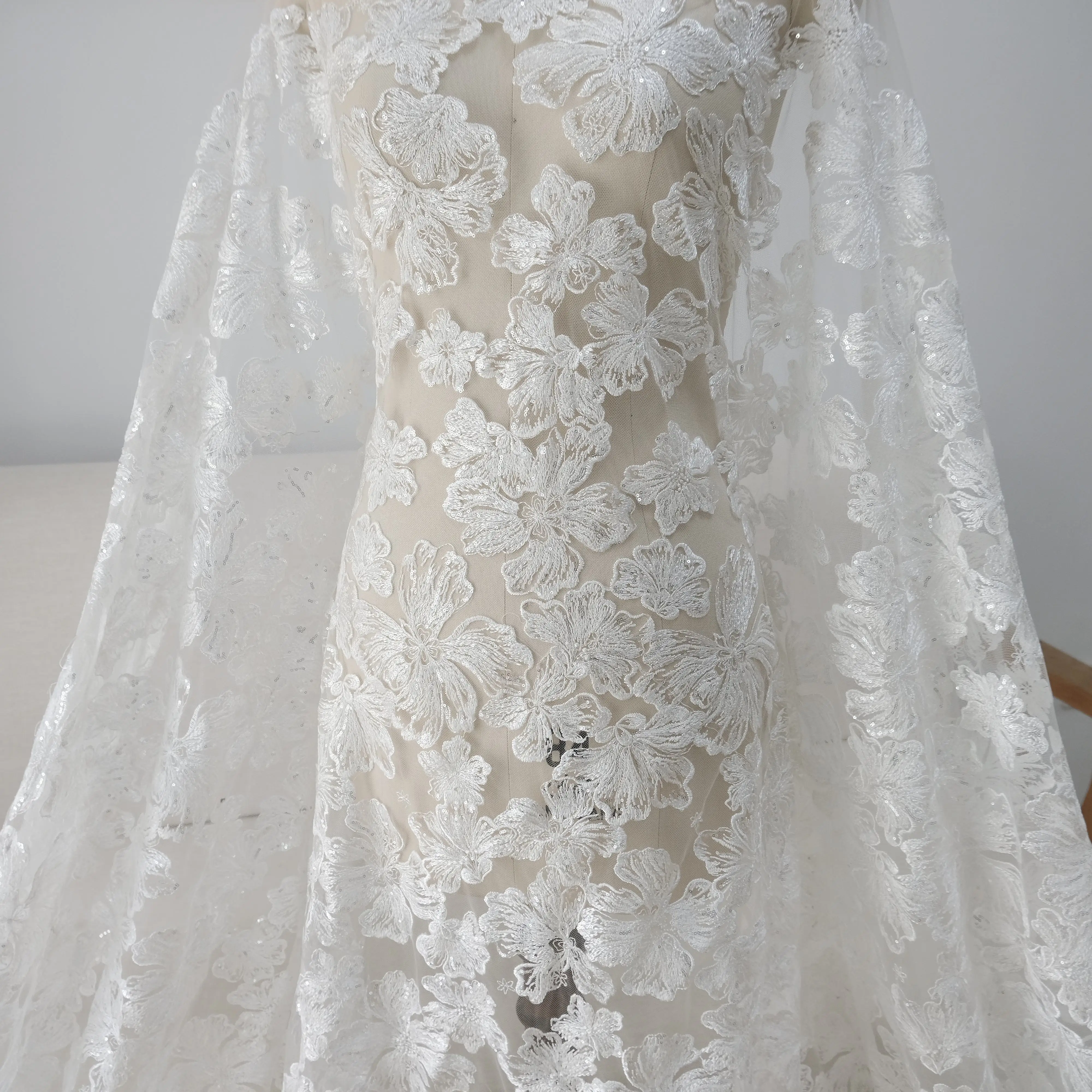 

Wedding Dress Beaded Sequin Tulle Embroidery Lace Floral Appliqued Fabric Bridal Veil Craft Trim Supplies Material