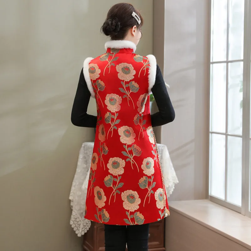 Winter China Mid-length Vest Sleeveless Padded Jacket Tang Suit Traditional Vintage Gilet Women Red Chinese New Year Clothing