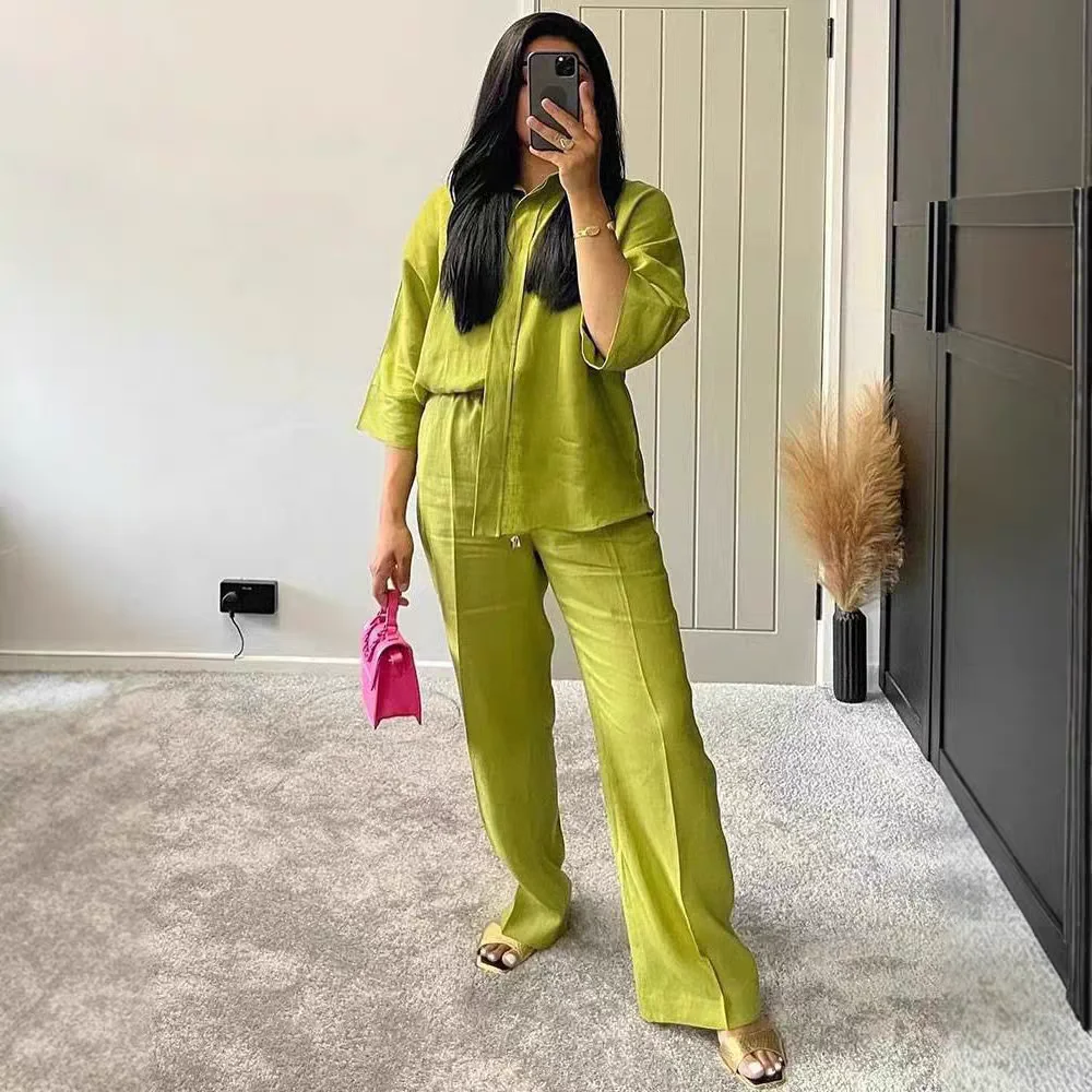 Faionable casual solto longo sve irt e calças conjunto feminino outono usar tecido de poliéster botão acima colarinho
