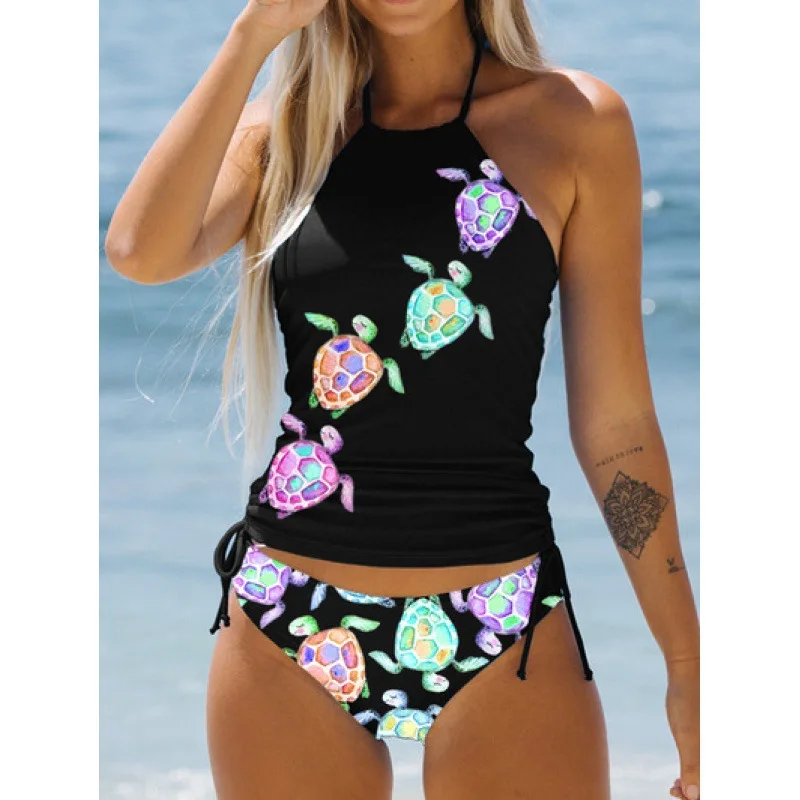 Maiô feminino de duas peças, estampado grande, pendurado no pescoço, roupa de praia elegante, maiô esportivo de férias para meninas 2025 maio feminino praia conjuntos de biquínis moda praia feminino maiô feminino de pr