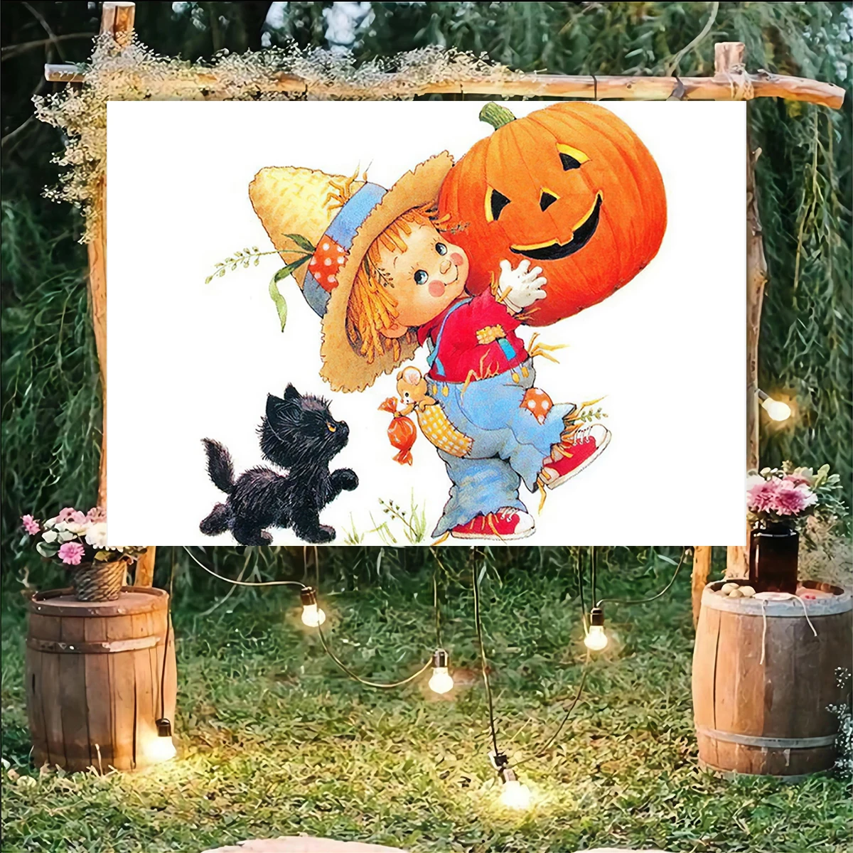 

Cute Cartoon Halloween Backdrop Family Dress Up Witch Kids Party Background Adorable Pumpkin Photography Decoration Banner