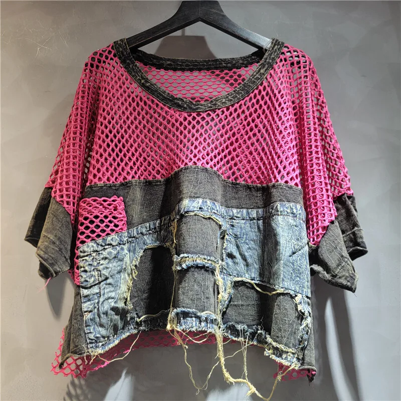 WTHT موضة المرأة تقسم شبكة الدنيم قصيرة الأكمام تي شيرت 2025 الصيف العصرية الجديدة مرونة الخصر السراويل فضفاضة الإناث 1LS2026