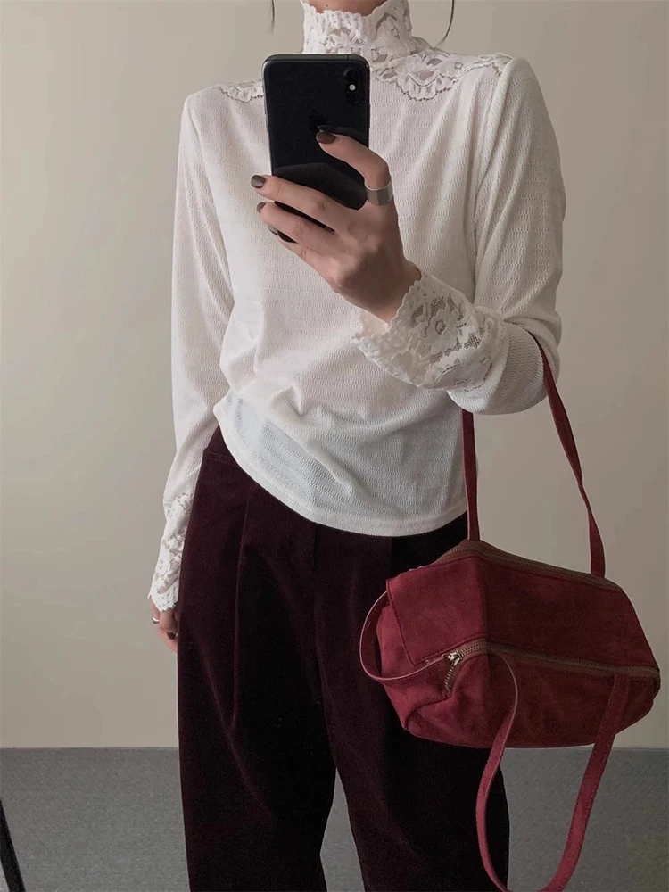 

Faionable Hollow out f High Collar Women's T-irt Slimming Base Layer Top Korean Sle Commute Wind Hollow Design Sense