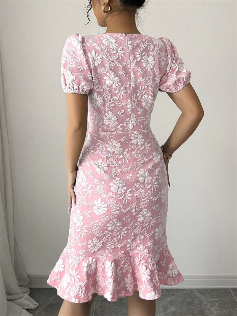 2025 moda verão manga curta vestido jacquard feminino o pescoço magro sexy bainha vestidos casuais senhora streetwear vestidos de babados
