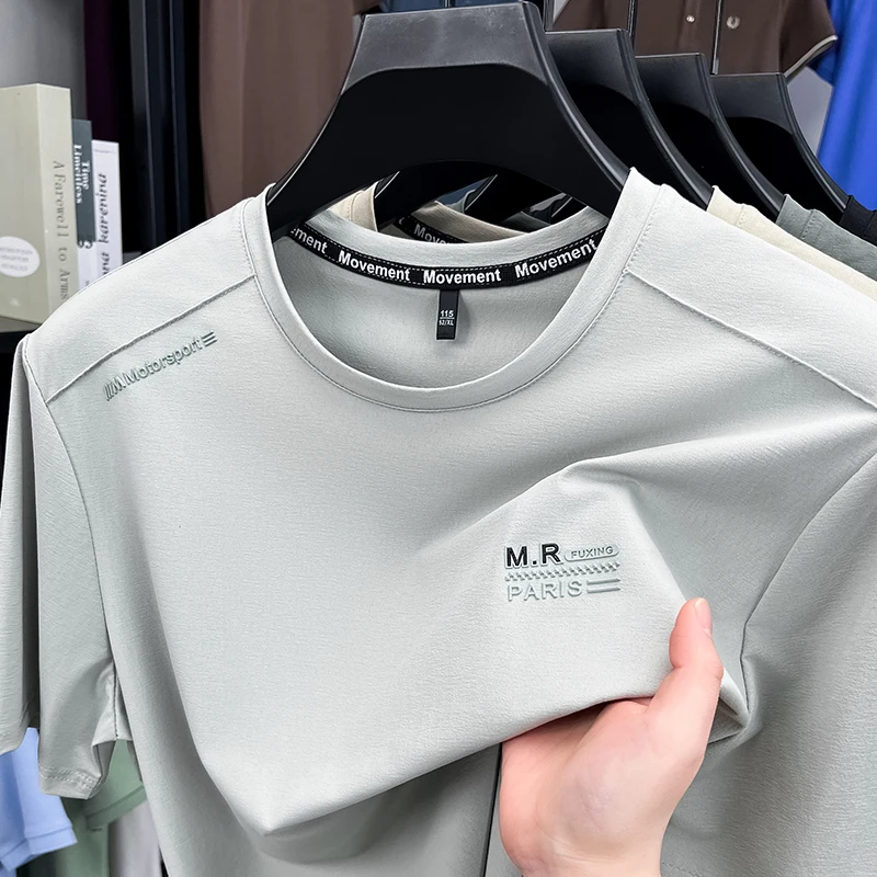 

Light luxury round neck short sleeve T-shirt men summer high-end brand letter emboss ice silk breathable Korean style casual top