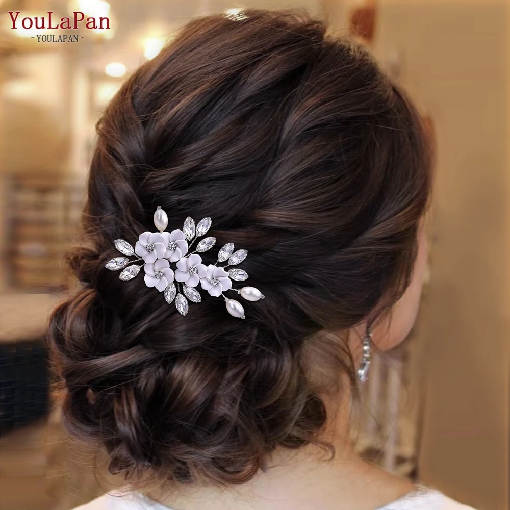 

YouLaPan Elegant White Color Flower Hair Pins For Bride Rhinestone Wedding Hair Forks Handmade Women Hair Accessories HP345
