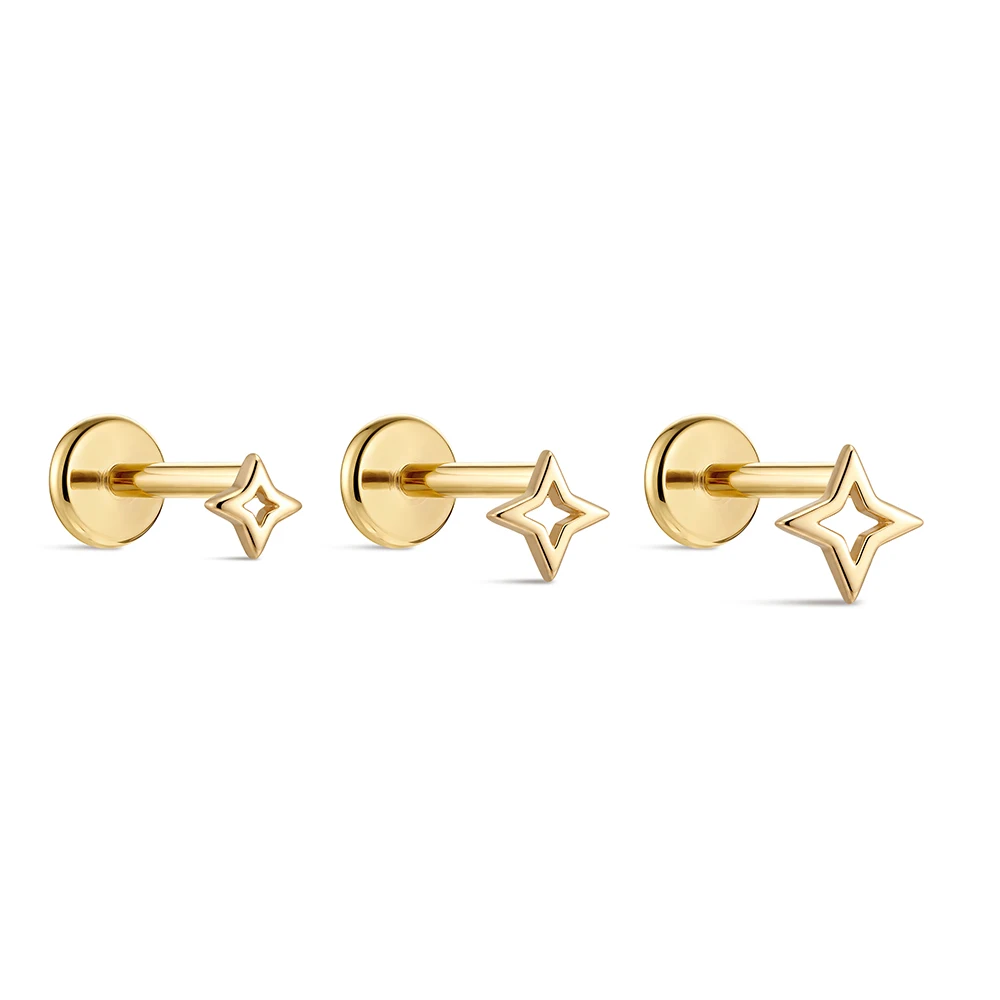 ROXI 1PC 5/6/8mm 14K Solid Gold Plain 4-Pointed Star Flat Back Piercing Studs, Hypoallergenic Earring for Women