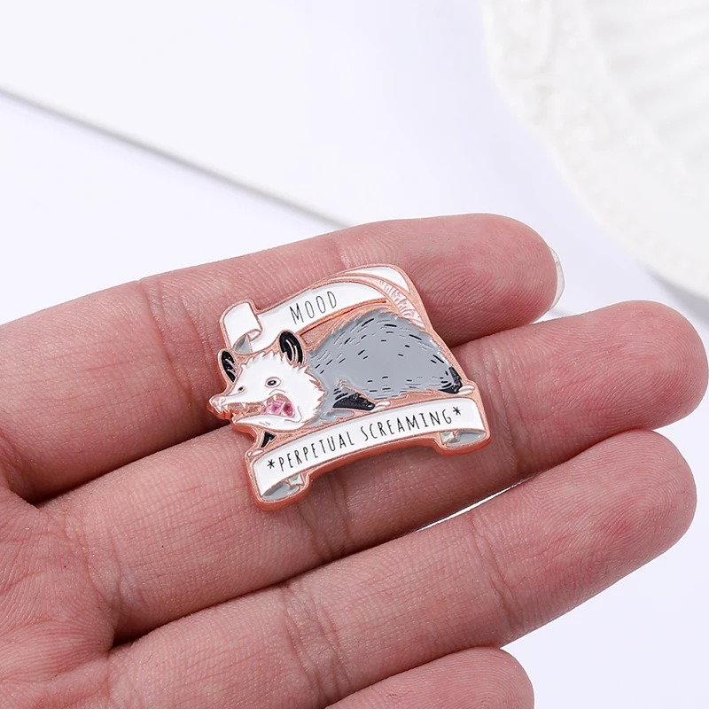 Possum Screaming Enamel Pins Custom Banner Brooches Lapel Badges Funny Animal Jewelry Gift for Kids Friends
