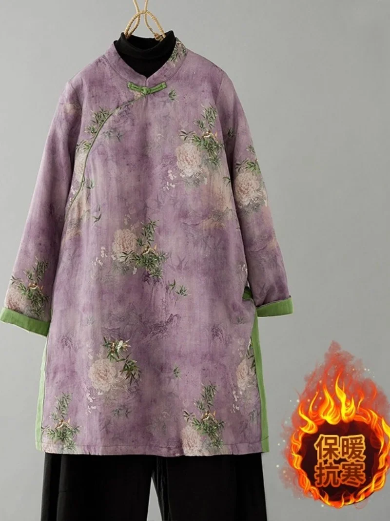 

Китайский ретро фиолетовый принт Ramie модифицированный топ Cheongsam для женщин осень-зима хлопковая стеганая теплая хлопковая куртка халат w107