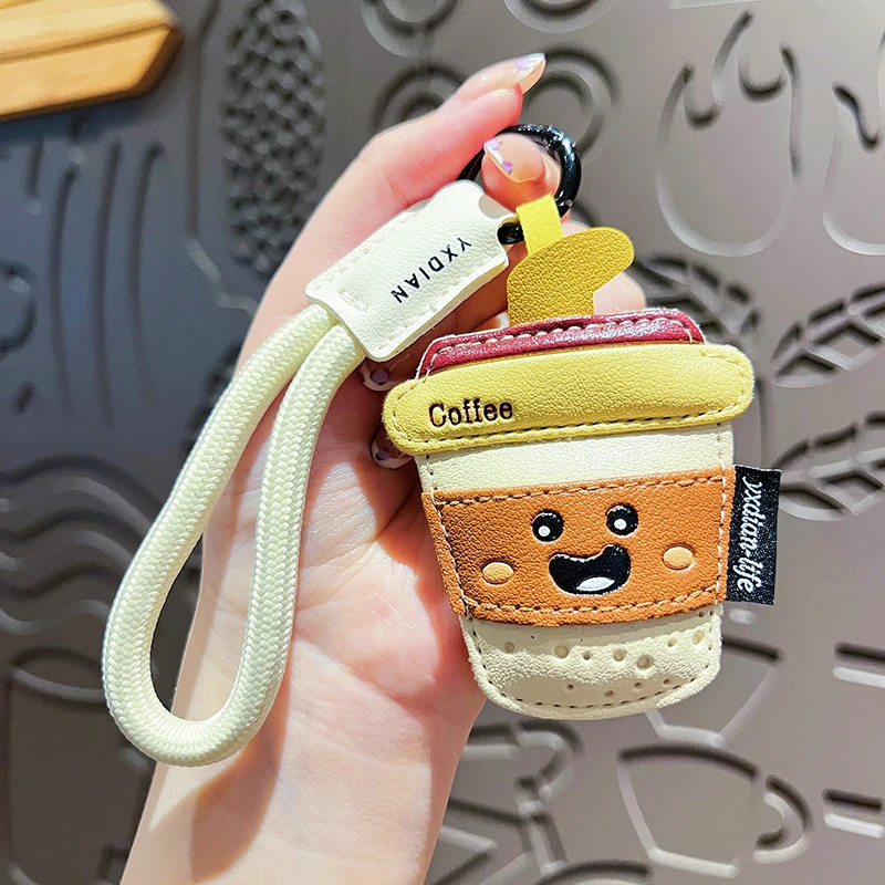 Creative Cartoon Leather Snacks Keychain Cute French Fries Coffee Ice Cream Couple Bag Pendant