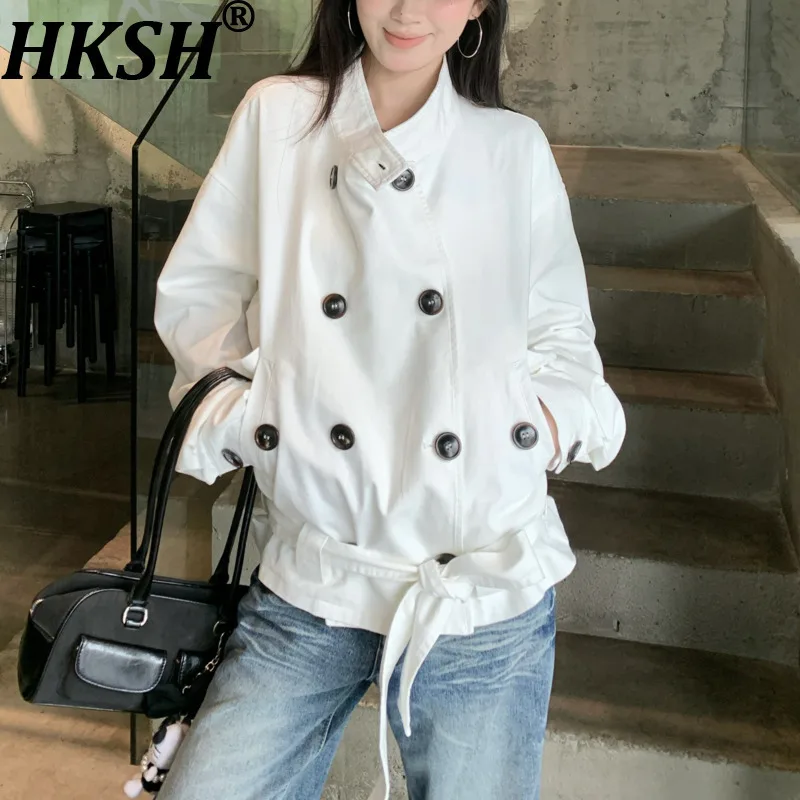 

HKSH Spring Autumn New Women Short Trench Coats Stand Collar Double Breasted Temperament Elegant Casual Tide Windbreaker HK11358