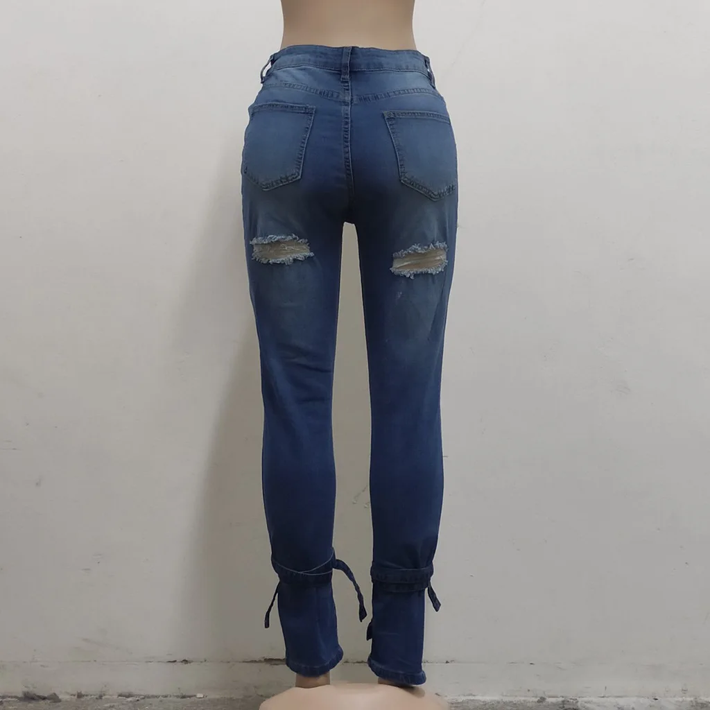 sexy fashion trend ripped trousers straps slim jeans for women