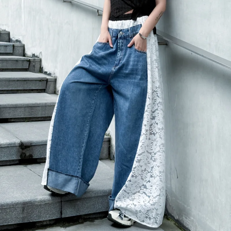 EAEOVNI уличная одежда, джинсовые длинные брюки Y2K, кружевные лоскутные брюки контрастного цвета, свободные широкие брюки с высокой талией, новинка 2023 г.