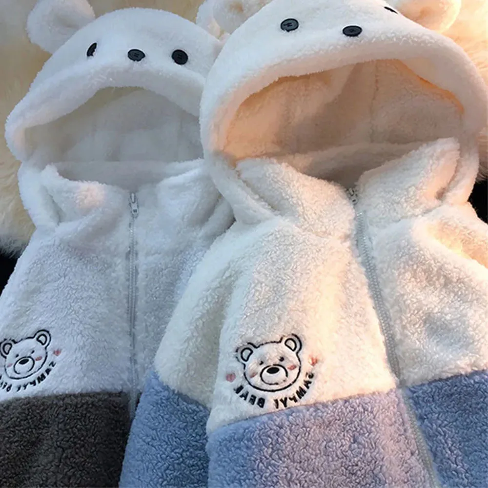 Japanes Plush Bear Ear Sweatshirt Kawaii Warm Jacket Hooded Cartoon Print Female Autumn Winter Cute Sweatshirts Coat Hoodies Top