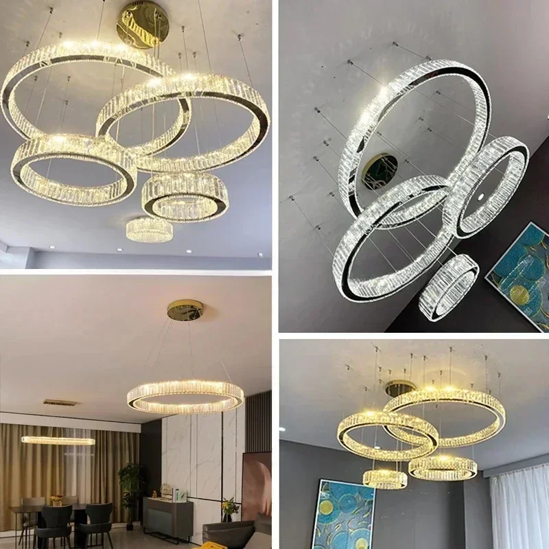 Luxury Gold Chrome Metal Chandeliers Modern Clear Crystal LED Pendant Light Hotel Villa Restaurant Remote Control Hanging Lamps