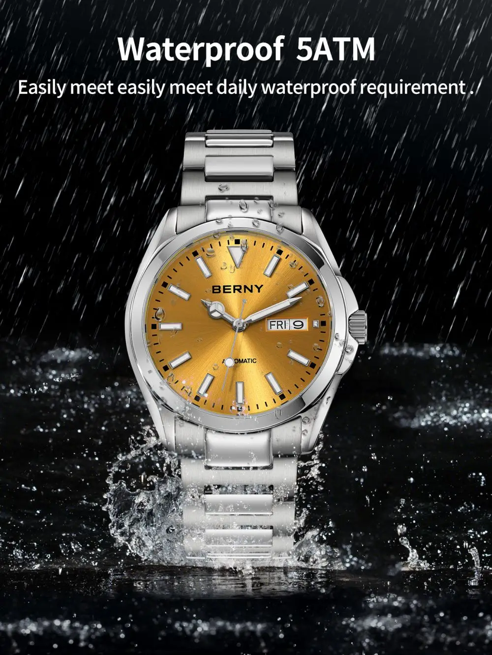 BERNY Automatikuhren für Herren, superleuchtend, Datum und Woche, mechanische Herrenuhr, komplett aus Edelstahl, Armbanduhr NH36, Saphir – Detail 6