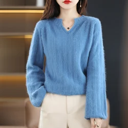 100% Mink Cashmere Soft Lantern Sleeve Sweater Women V-neck Pullover Casual Knit Autumn Winter Warm Solid Color Loose Top