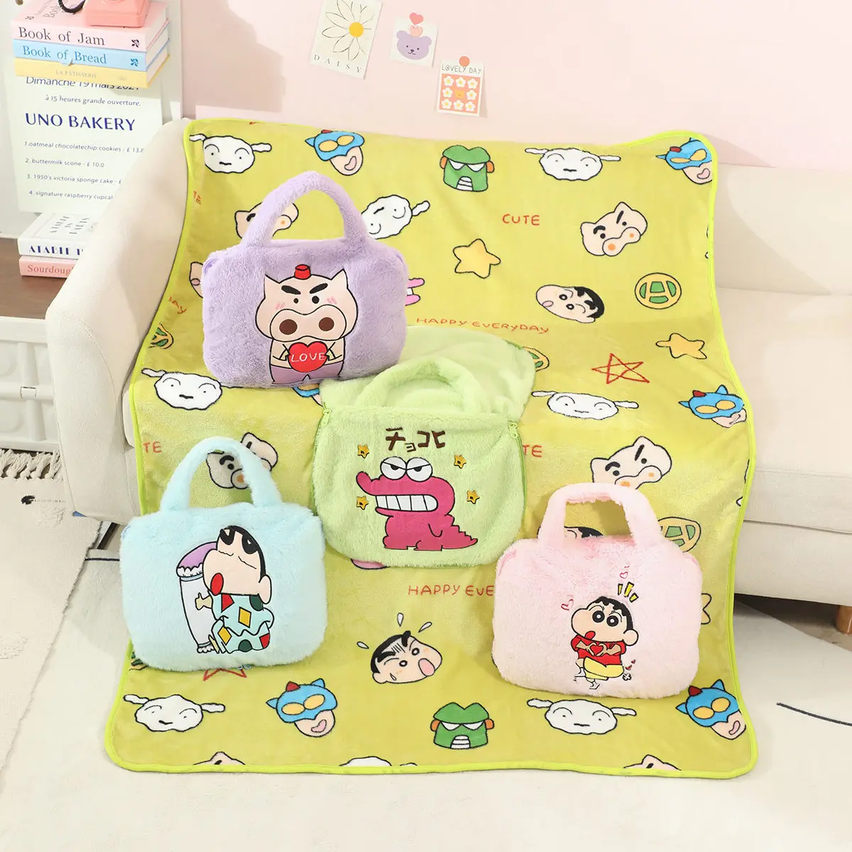 Portable Crayon Shin chan Anime Flannel Blanket Bag Buriburizaemon Warm Blanket Leg Blanket Office Bedroom School Nap Blanket