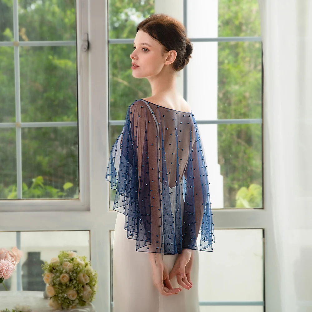 Elegant Navy Pearl Beaded Mesh Shawl Outside Bridal Wraps Marriage Wedding Accessories image 2
